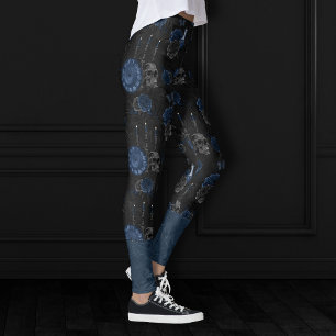 Zodiac Magic   Dark Navy Blue Gothic Skull Roses Leggings
