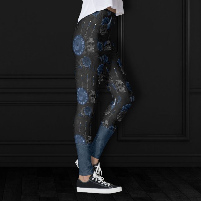 Zodiac Magic | Dark Navy Blue Gothic Skull Roses Leggings (Creator Uploaded)