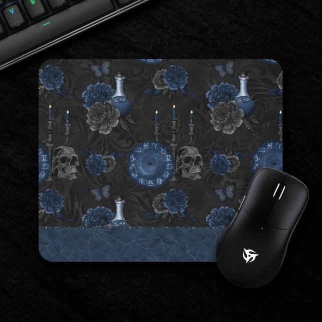Zodiac Magic | Dark Navy Blue Gothic Skull Roses Mouse Pad (Creator Uploaded)