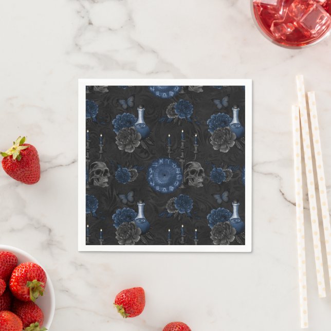 Zodiac Magic | Dark Navy Blue Gothic Skull Roses Napkin (Insitu)