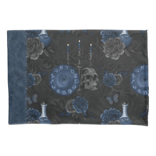Zodiac Magic Dark Navy Blue Gothic Skull Roses Pillowcase