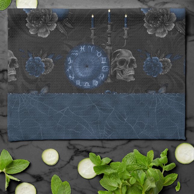 Zodiac Magic | Dark Navy Blue Gothic Skull Roses Tea Towel (Creator Uploaded)