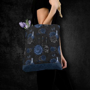 Zodiac Magic Dark Navy Blue Gothic Skull Roses Tote Bag
