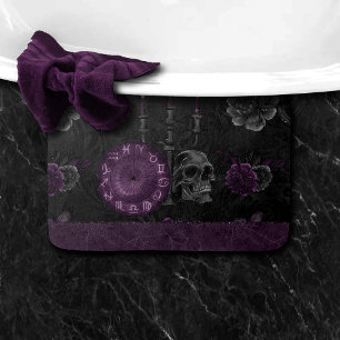 Zodiac Magic   Dark Purple Plum Gothic Skull Roses Bath Mat