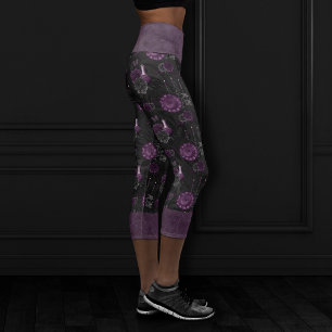 Zodiac Magic Dark Purple Plum Gothic Skull Roses Capri Leggings