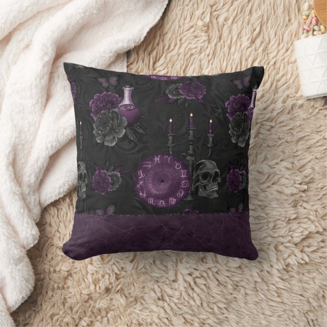 Zodiac Magic | Dark Purple Plum Gothic Skull Roses Cushion (Blanket)