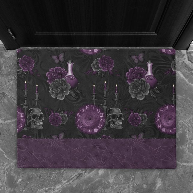 Zodiac Magic | Dark Purple Plum Gothic Skull Roses Doormat (Creator Uploaded)