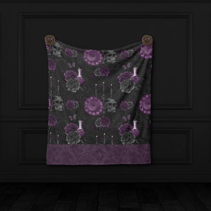 Zodiac Magic Dark Purple Plum Gothic Skull Roses Fleece Blanket