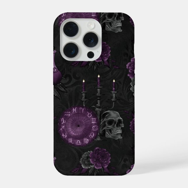 Zodiac Magic | Dark Purple Plum Gothic Skull Roses iPhone Case (Back)