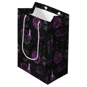 Zodiac Magic Dark Purple Plum Gothic Skull Roses Medium Gift Bag