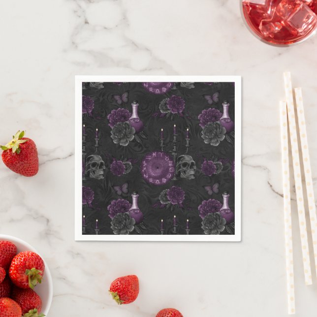 Zodiac Magic | Dark Purple Plum Gothic Skull Roses Napkin (Insitu)