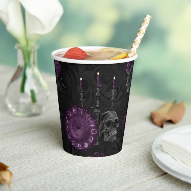 Zodiac Magic | Dark Purple Plum Gothic Skull Roses Paper Cups (Insitu)