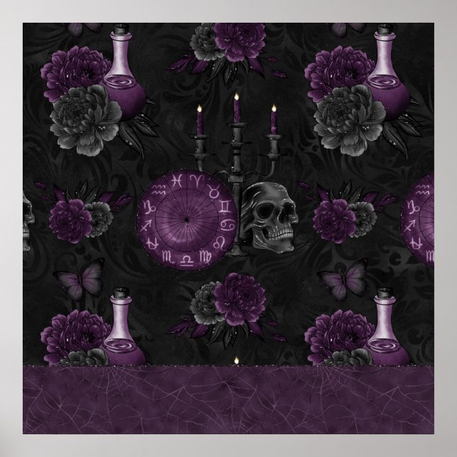 Zodiac Magic | Dark Purple Plum Gothic Skull Roses Poster (Front)