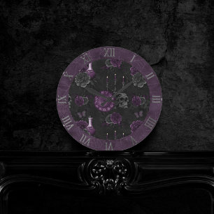 Zodiac Magic   Dark Purple Plum Gothic Skull Roses Round Clock