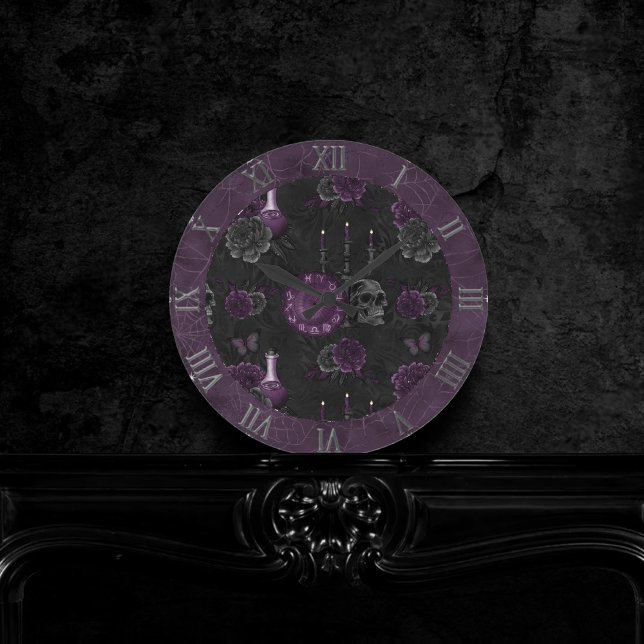 Zodiac Magic | Dark Purple Plum Gothic Skull Roses Round Clock (Creator Uploaded)