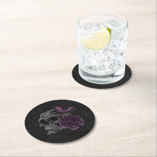 Zodiac Magic   Dark Purple Plum Gothic Skull Roses Round Paper Coaster