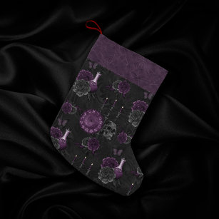 Zodiac Magic   Dark Purple Plum Gothic Skull Roses Small Christmas Stocking
