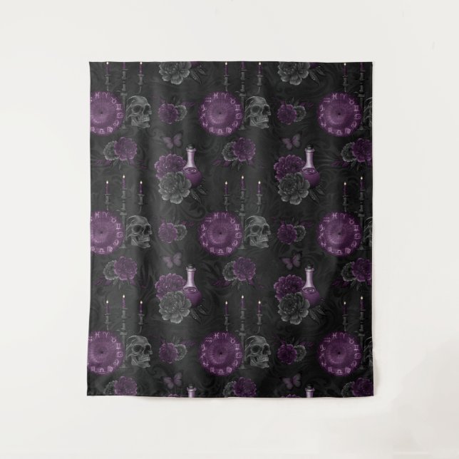 Zodiac Magic | Dark Purple Plum Gothic Skull Roses Tapestry (Front)