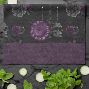 Zodiac Magic Dark Purple Plum Gothic Skull Roses Tea Towel