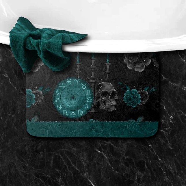 Zodiac Magic | Dark Teal Green Gothic Skull Roses Bath Mat (Creator Uploaded)