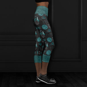 Zodiac Magic   Dark Teal Green Gothic Skull Roses Capri Leggings