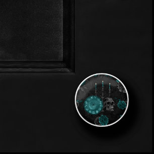Zodiac Magic Dark Teal Green Gothic Skull Roses Ceramic Knob