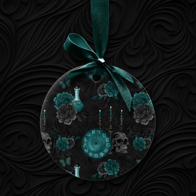 Zodiac Magic | Dark Teal Green Gothic Skull Roses Ceramic Ornament (Creator Uploaded)