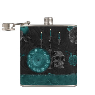 Zodiac Magic Dark Teal Green Gothic Skull Roses Hip Flask
