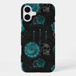 Zodiac Magic   Dark Teal Green Gothic Skull Roses iPhone 16 Plus Case
