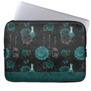 Zodiac Magic Dark Teal Green Gothic Skull Roses Laptop Sleeve