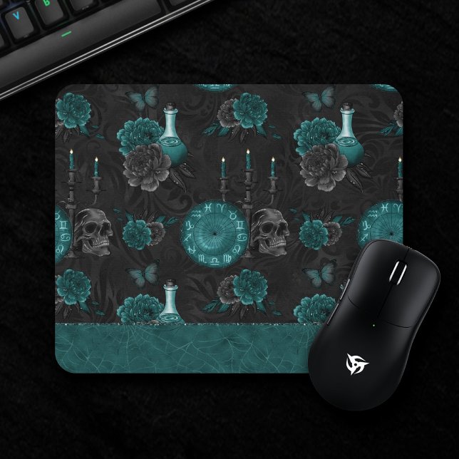 Zodiac Magic | Dark Teal Green Gothic Skull Roses Mouse Pad (Creator Uploaded)