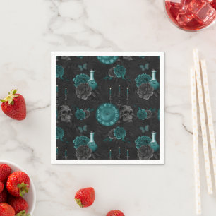 Zodiac Magic   Dark Teal Green Gothic Skull Roses Napkin