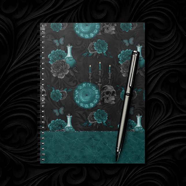 Zodiac Magic | Dark Teal Green Gothic Skull Roses Notebook (Creator Uploaded)
