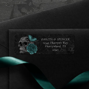 Zodiac Magic Dark Teal Green Gothic Skull Roses Return Address Label