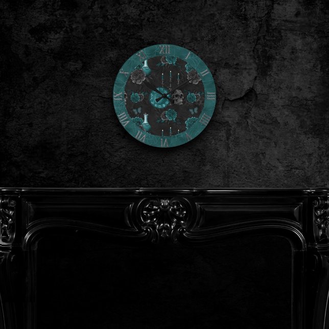 Zodiac Magic | Dark Teal Green Gothic Skull Roses Round Clock (Creator Uploaded)