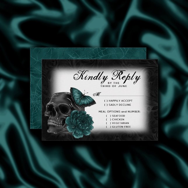 Zodiac Magic | Dark Teal Green Gothic Skull Roses RSVP Card (Creator Uploaded)