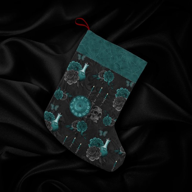 Zodiac Magic | Dark Teal Green Gothic Skull Roses Small Christmas Stocking (Creator Uploaded)