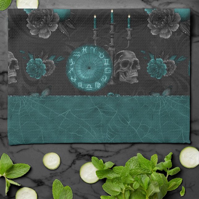 Zodiac Magic | Dark Teal Green Gothic Skull Roses Tea Towel (Creator Uploaded)
