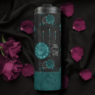 Zodiac Magic   Dark Teal Green Gothic Skull Roses Thermal Tumbler