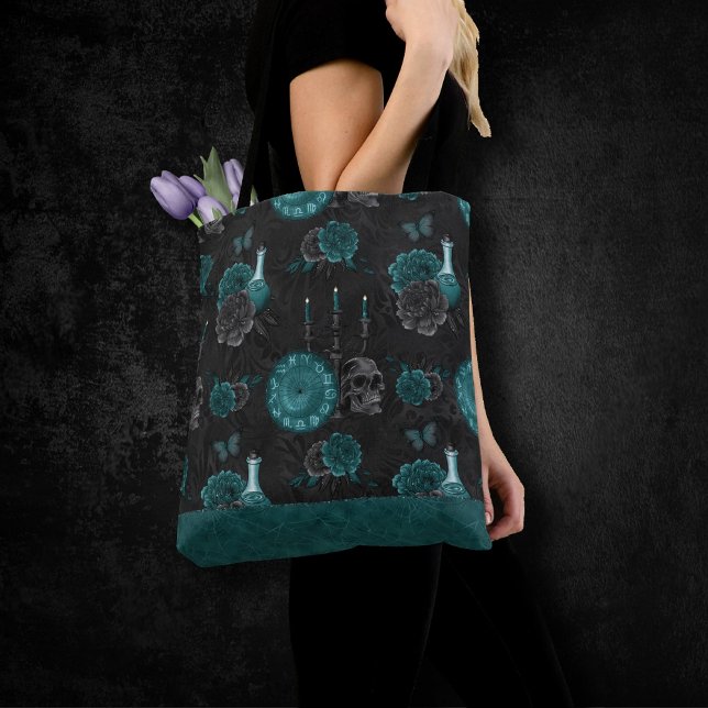 Zodiac Magic | Dark Teal Green Gothic Skull Roses Tote Bag (Creator Uploaded)