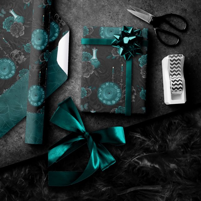 Zodiac Magic | Dark Teal Green Gothic Skull Roses Wrapping Paper (Creator Uploaded)