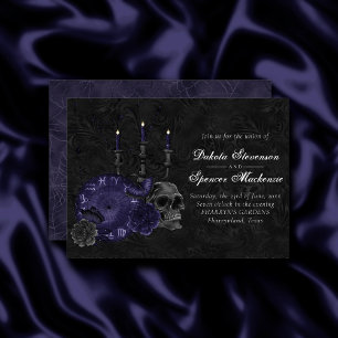 Zodiac Magic   Midnight Indigo Gothic Skull Roses Invitation