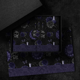 Zodiac Magic Midnight Indigo Gothic Skull Roses Tissue Paper