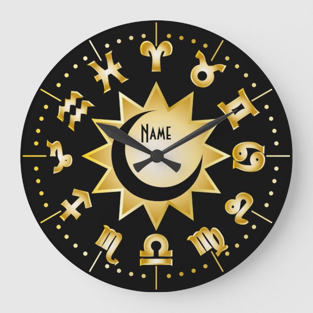 Zodiac Monogram Black Gold Sun Moon Add Your Name Large Clock (Front)