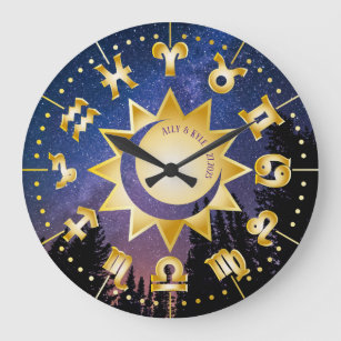Zodiac Monogram Gold Add Your Photo Names Date Large Clock