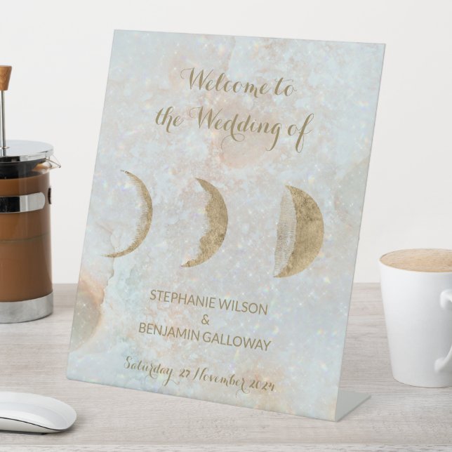 Zodiac Moon Celestial Gold Elegant Flat Wedding Pedestal Sign (In SItu)