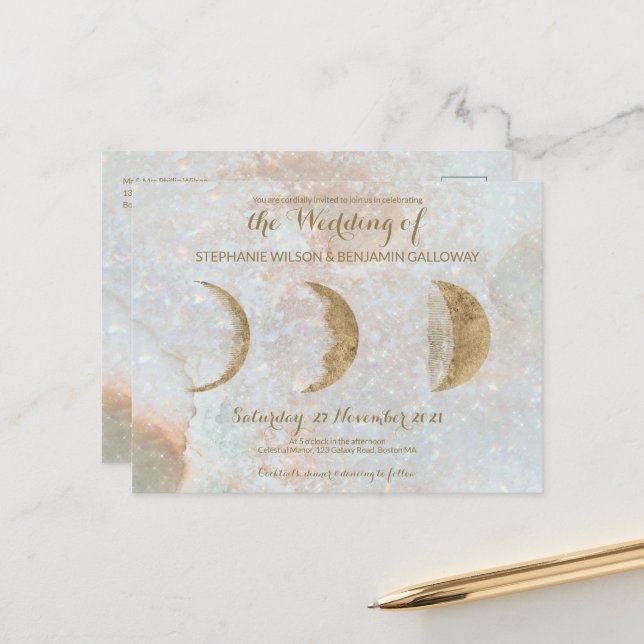 Zodiac Moon Ice Blue Celestial Gold Postcard (Front/Back In Situ)