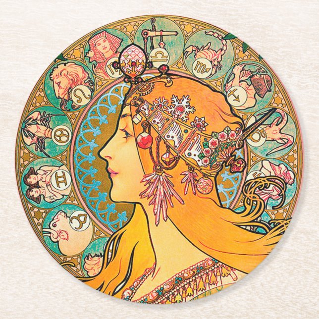 Zodiac, Mucha Round Paper Coaster (Front)