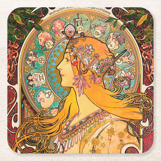 Zodiac, Mucha Square Paper Coaster (Front)