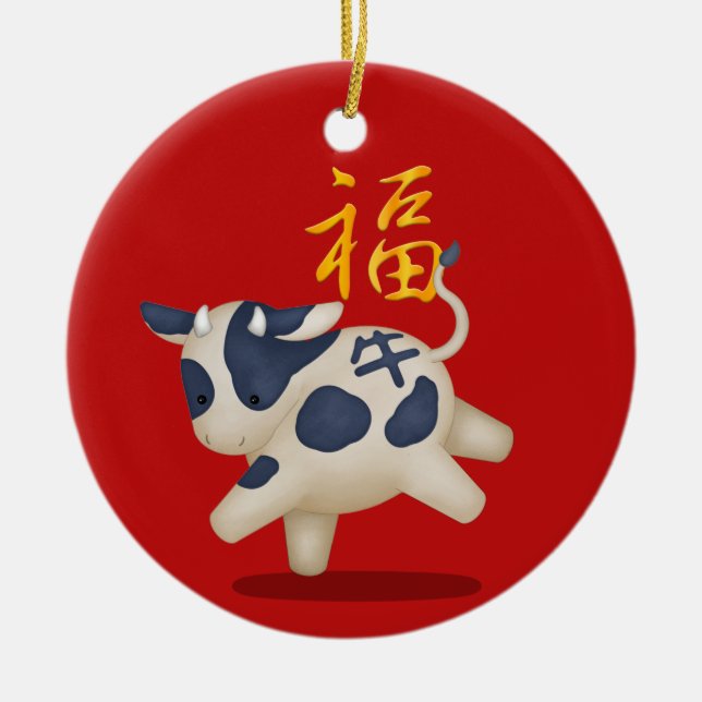 Zodiac Ox "Fortune" Chinese New Year Custom Ceramic Ornament (Front)